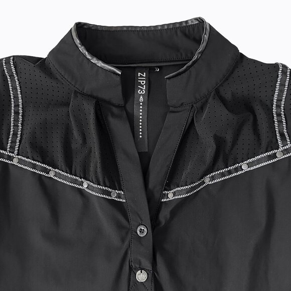 Zip73 Black Studded Top Blouse Sz M Gathered Sleeve Western Goth Boho Cowgirl - Picture 2 of 6